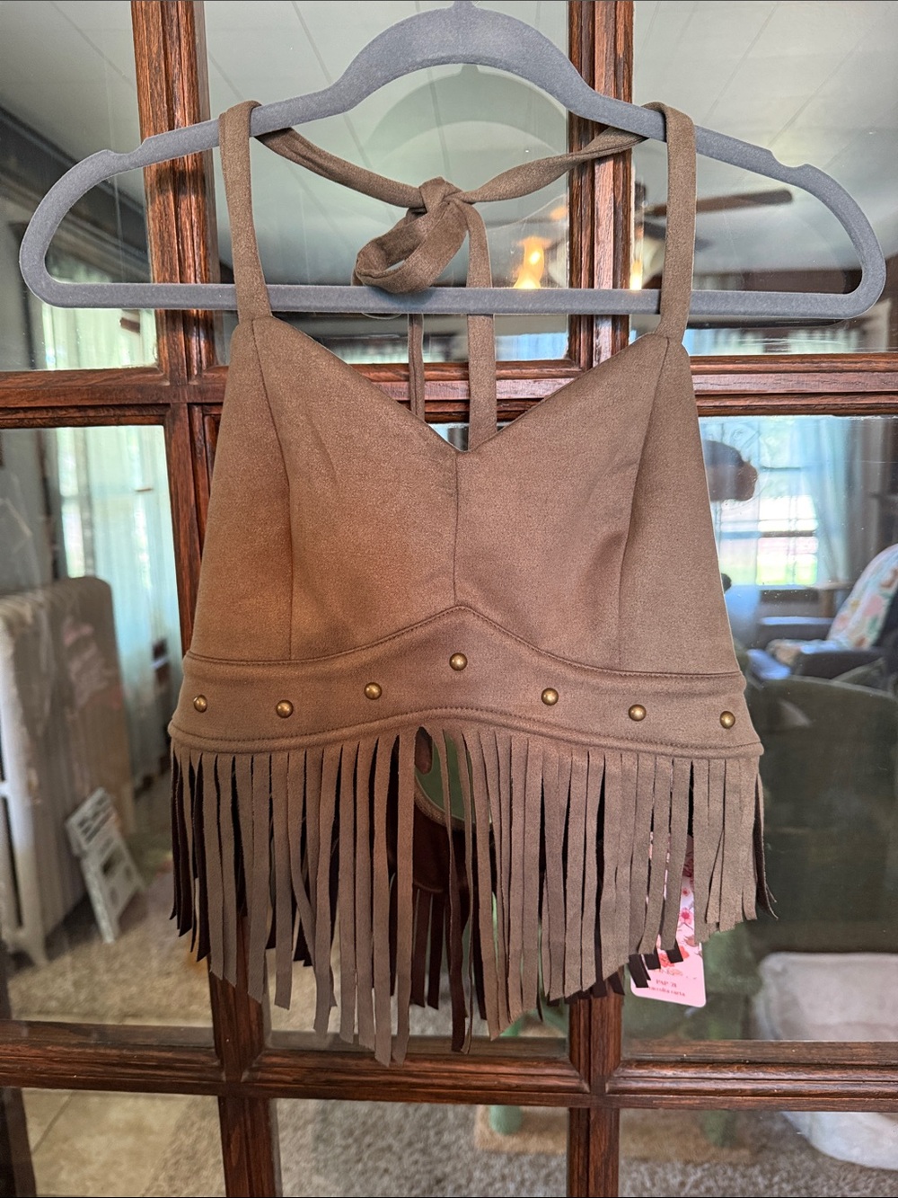 SHEIN MOD Brown Faux Suede Fringe‎ Studded Halter Crop Top Western Boho M 6
